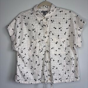 Falls Creek White Short Sleeve Button-Up Top with Black Floral Print